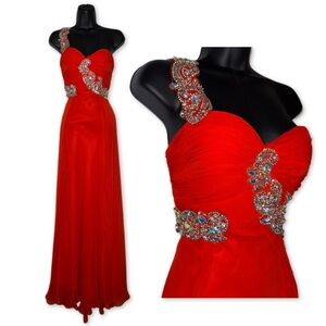 Riva Designs Beaded One Shoulder Formal Red Dress Floor Length‎ Evening Gown